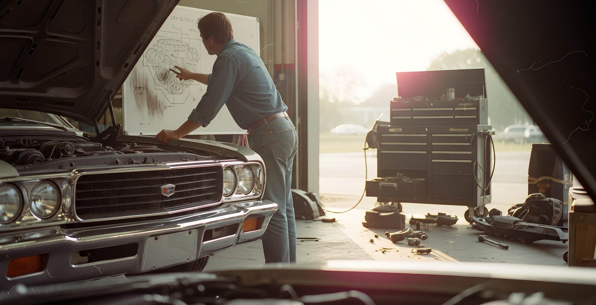 A mechanic sketching notes beside a classic car with the hood up